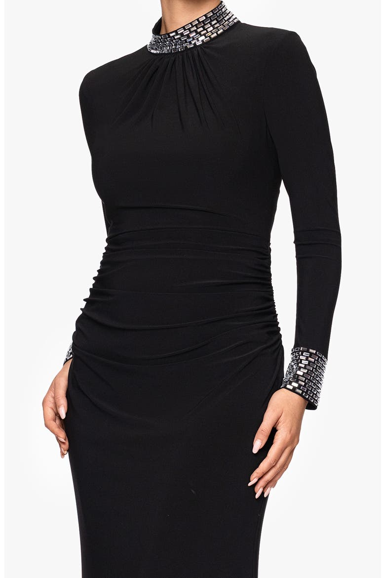 Ruched Beaded Long Sleeve Gown, Alternate, color, BLK/ SILVER