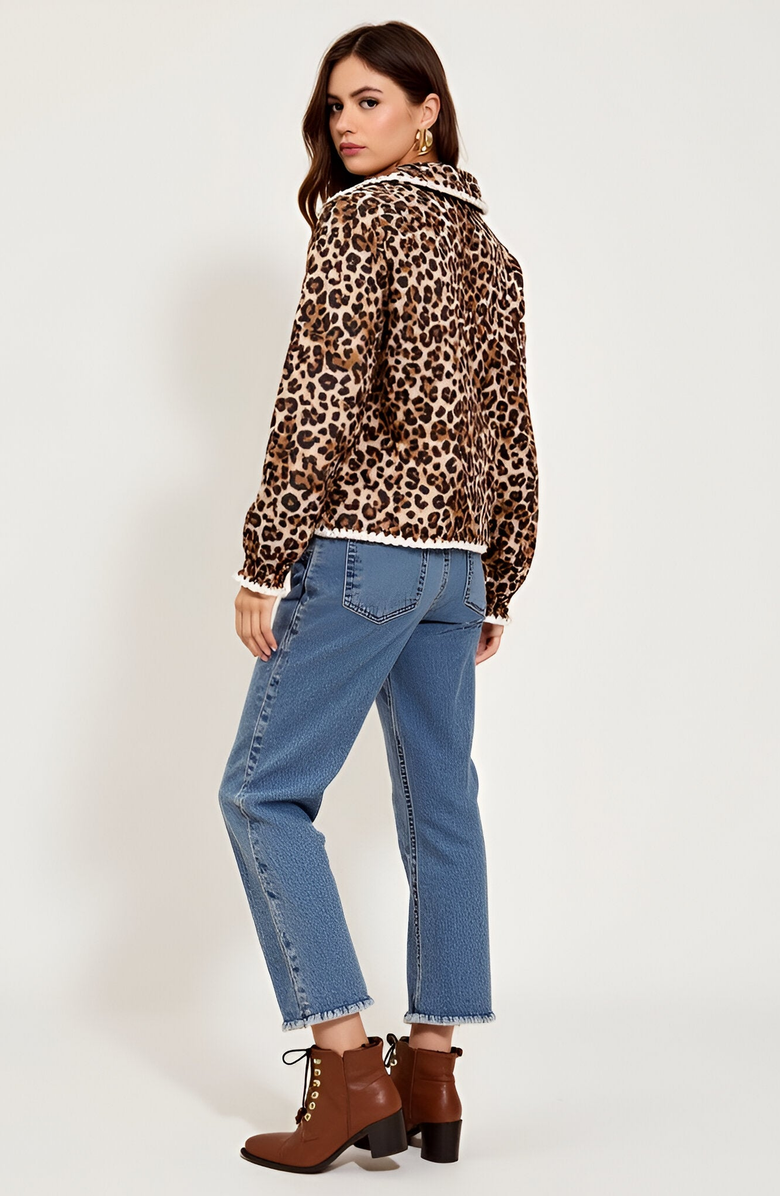 Modenaire Leopard Print Button-Front Contrast Trim and Collar Jacket, Alternate, color, Leopard Print