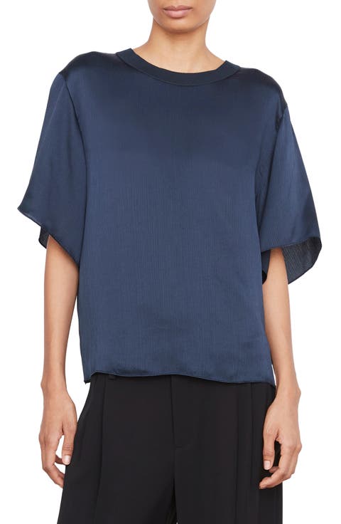 Rib Trim Crewneck Silk Top