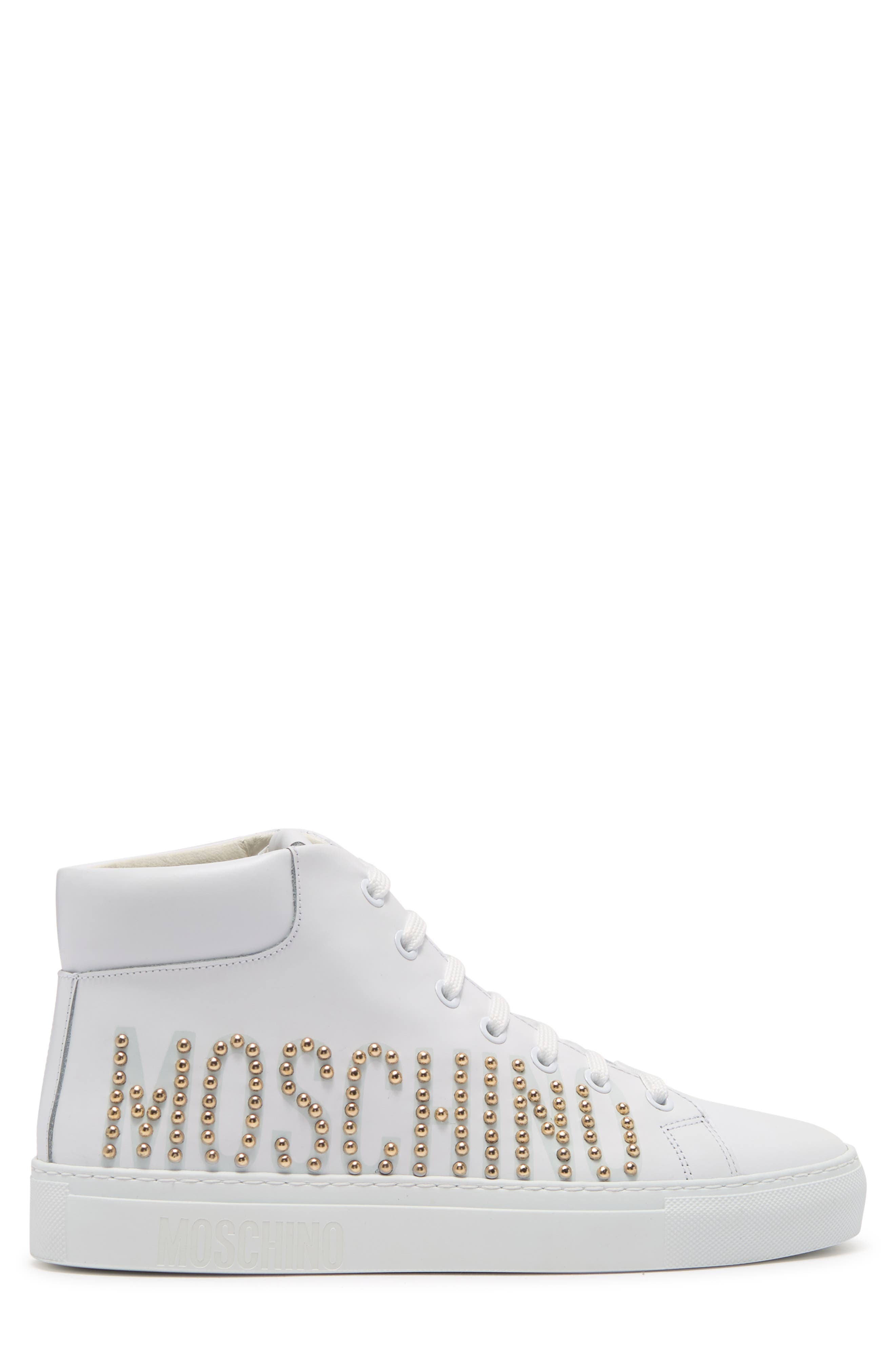 Moschino Logo Stud Leather High Top Sneaker, Alternate, color, 