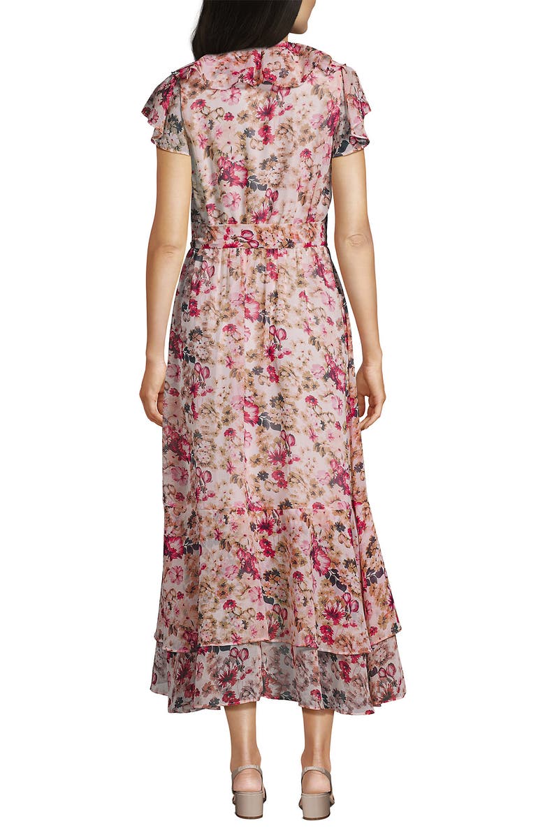 Lands' End Chiffon Flutter Sleeve V-Neck Wrap Maxi Dress, Alternate, color, Ivory/Soft Blush Blooms