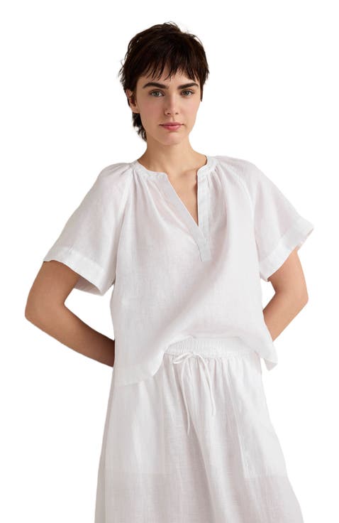 Linen Gathered V-Neck Top