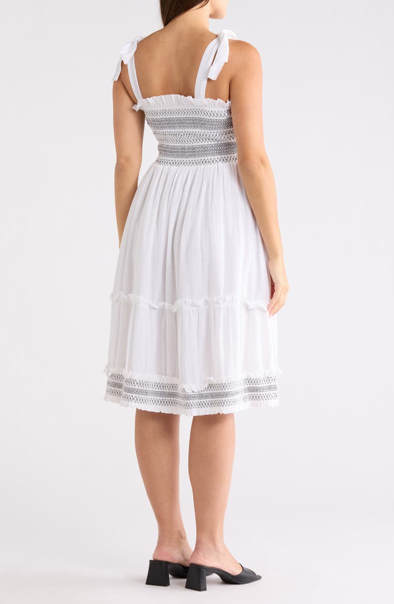 Elie Tahari Smocked Embroidered Cotton Dress, Alternate, color, Sky White/ Noir