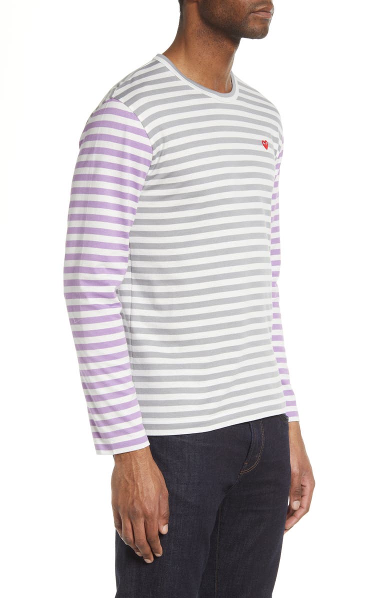 Comme des Garçons PLAY Small Heart Stripe Colorblock Long Sleeve T-Shirt, Alternate, color, Grey/ Purple