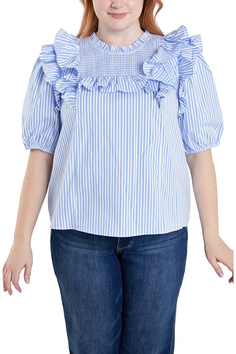 Smocked Ruffle Top, Alternate, color, WHITE/POWDER BLUE
