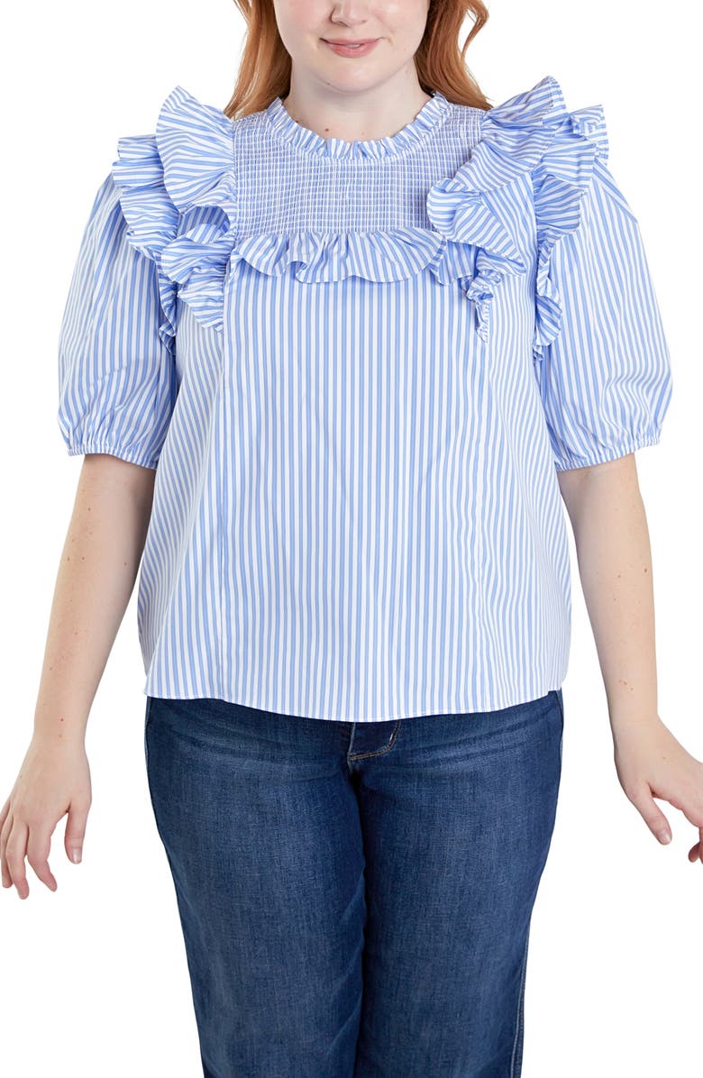 English Factory Smocked Ruffle Top, Alternate, color, White/Powder Blue