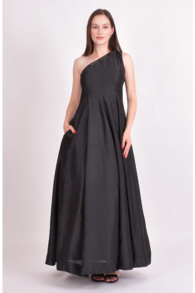 Oni One Shoulder Embroidered Saree Gown, Alternate, color, Black