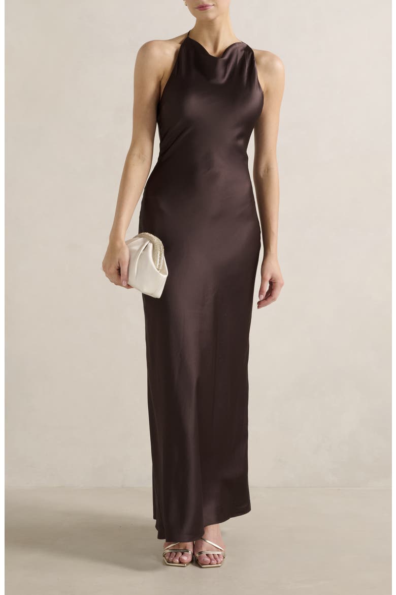 Ariat Open Back Satin Halter Dress, Main, color, DARK CHOCOLATE