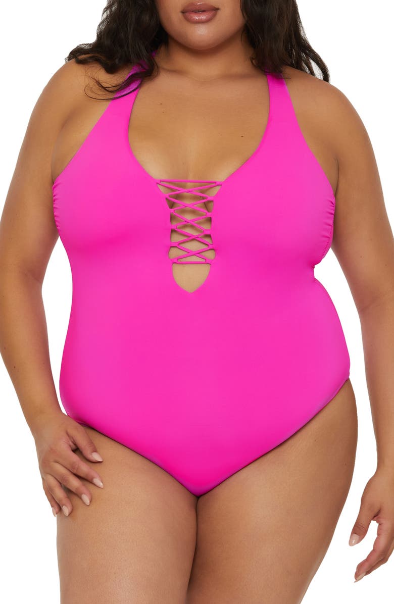 Becca Lace-Up One-Piece Swimsuit, Main, color, Vivid Pink