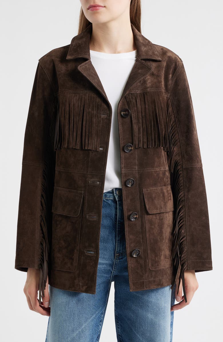 Sam Edelman Fringe Lambskin Suede Jacket, Alternate, color, Chocolate