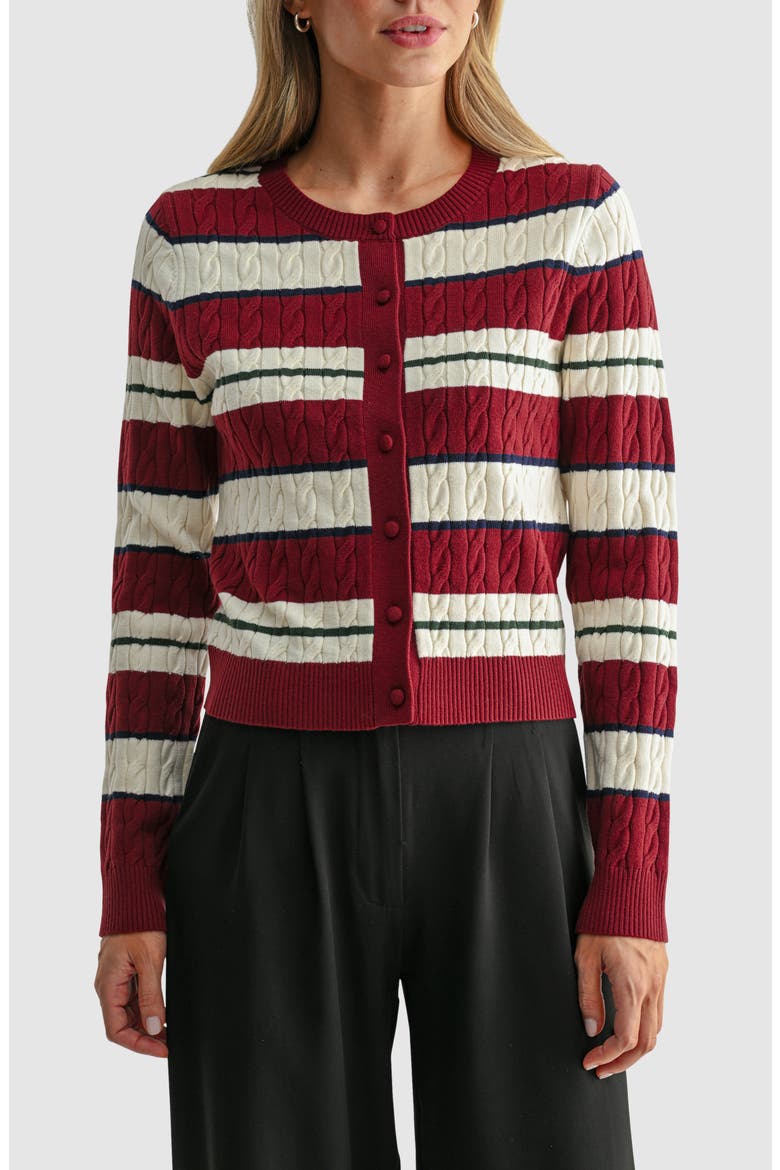 Striped Cable Knit Cardigan, Main, color, BURGUNDY CREAM STRIPE