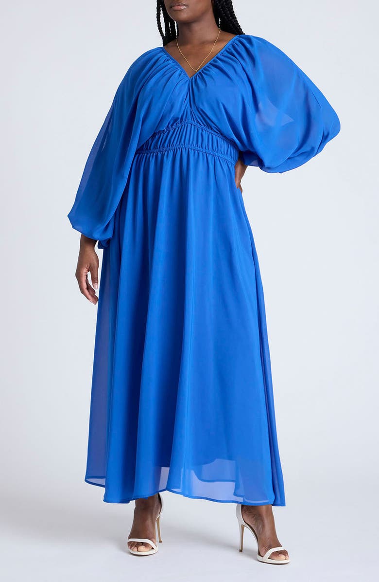ELOQUII Tie Back Balloon Sleeve Maxi Dress, Main, color, 