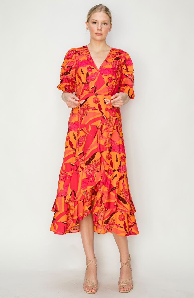 MELLODAY Poplin Floral Midi Wrap Dress, Alternate, color, Orange Multi