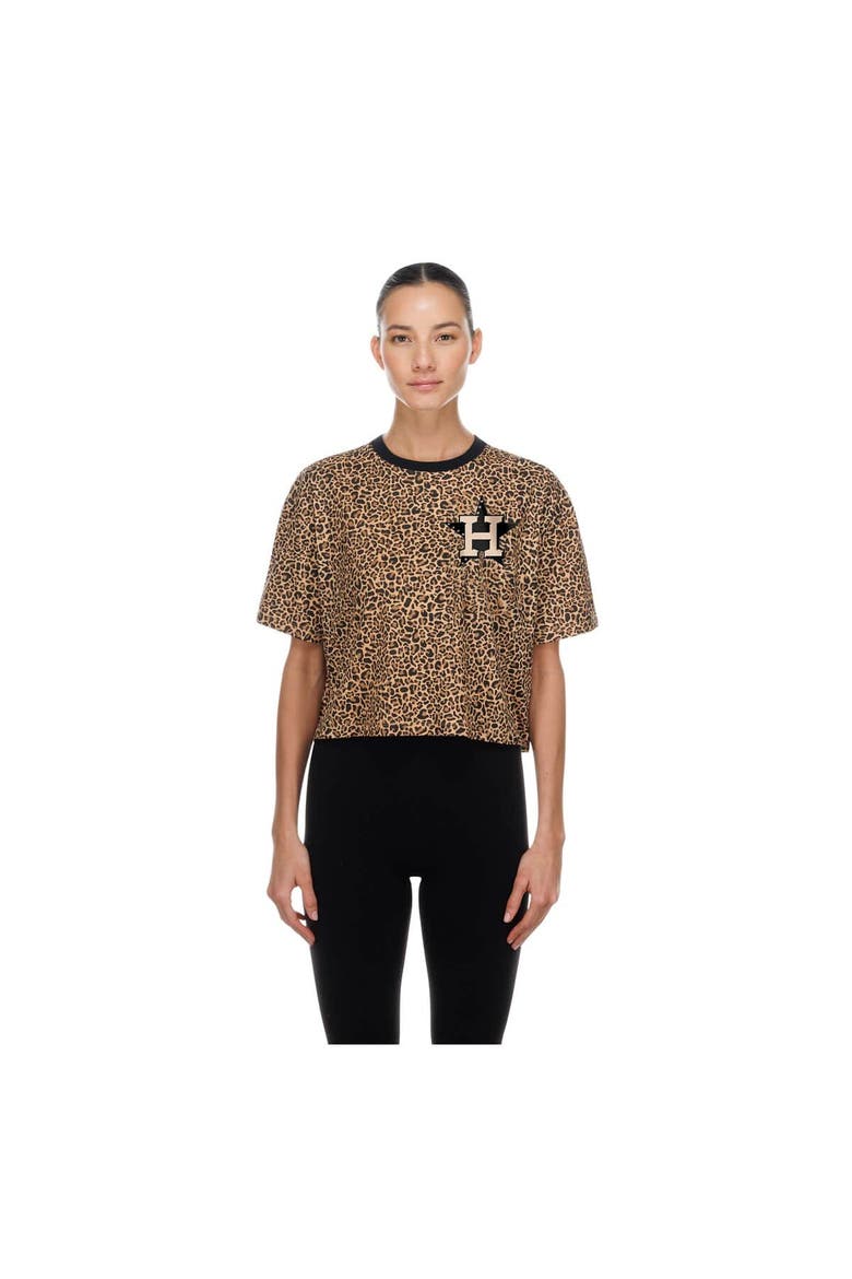 Women's New Era  Brown Houston Astros Leopard Boxy Cropped T-Shirt, Main, color, Brown
