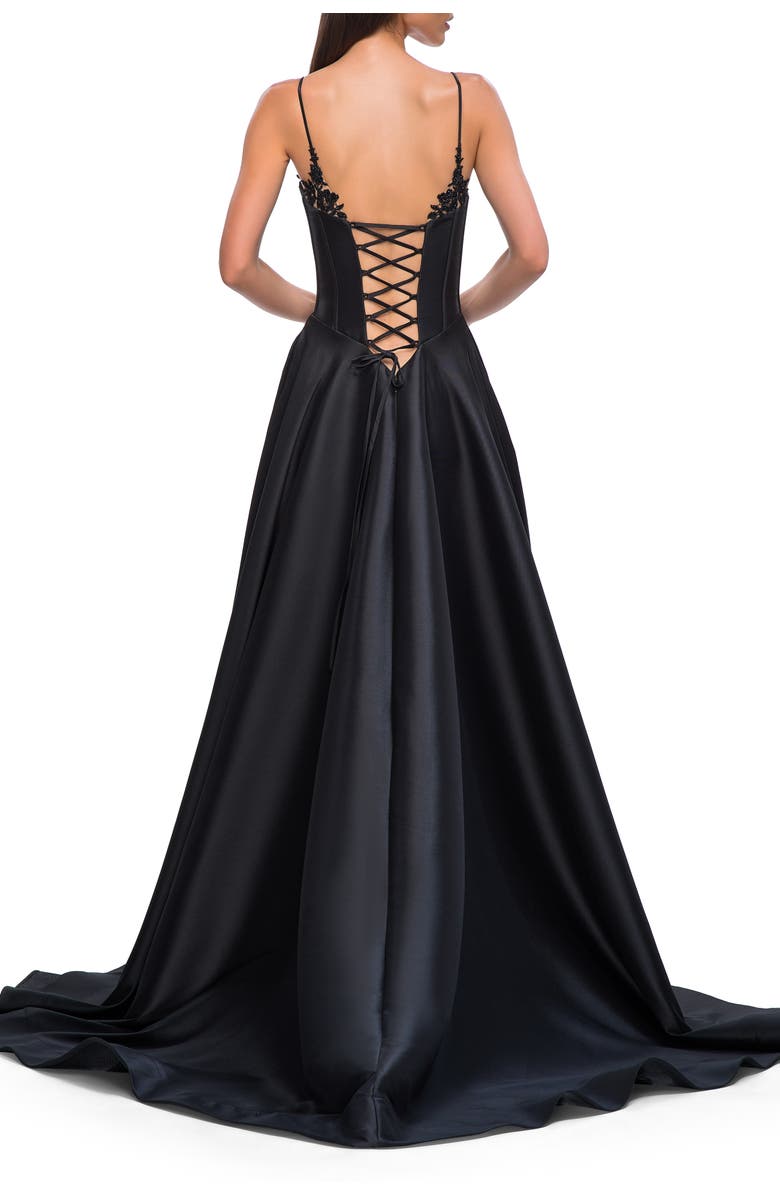 La Femme Mikado A-line Gown with Lace Detail Neckline, Alternate, color, Black
