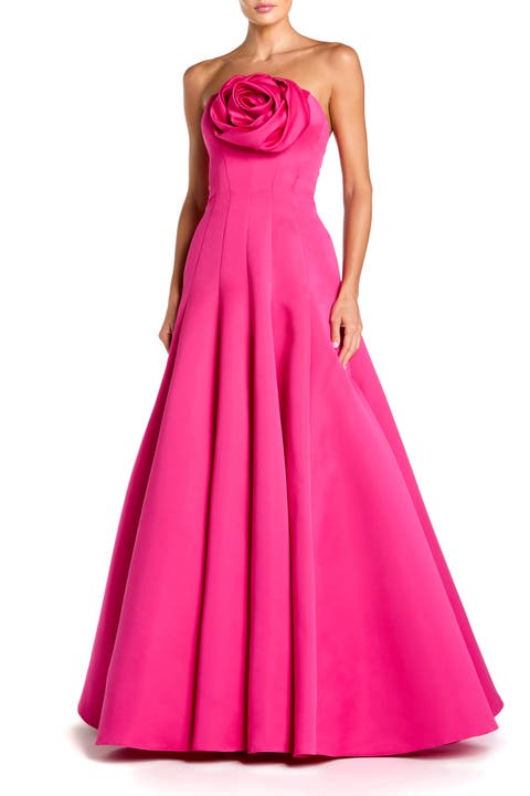 Satin Strapless Ballgown With 3D Flower Detail