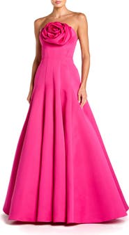 Mac Duggal Satin Strapless Ballgown With 3D Flower Detail