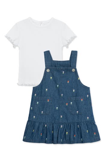 Little Me Crewneck T-shirt & Tulip Embroidered Dress Set In Blue