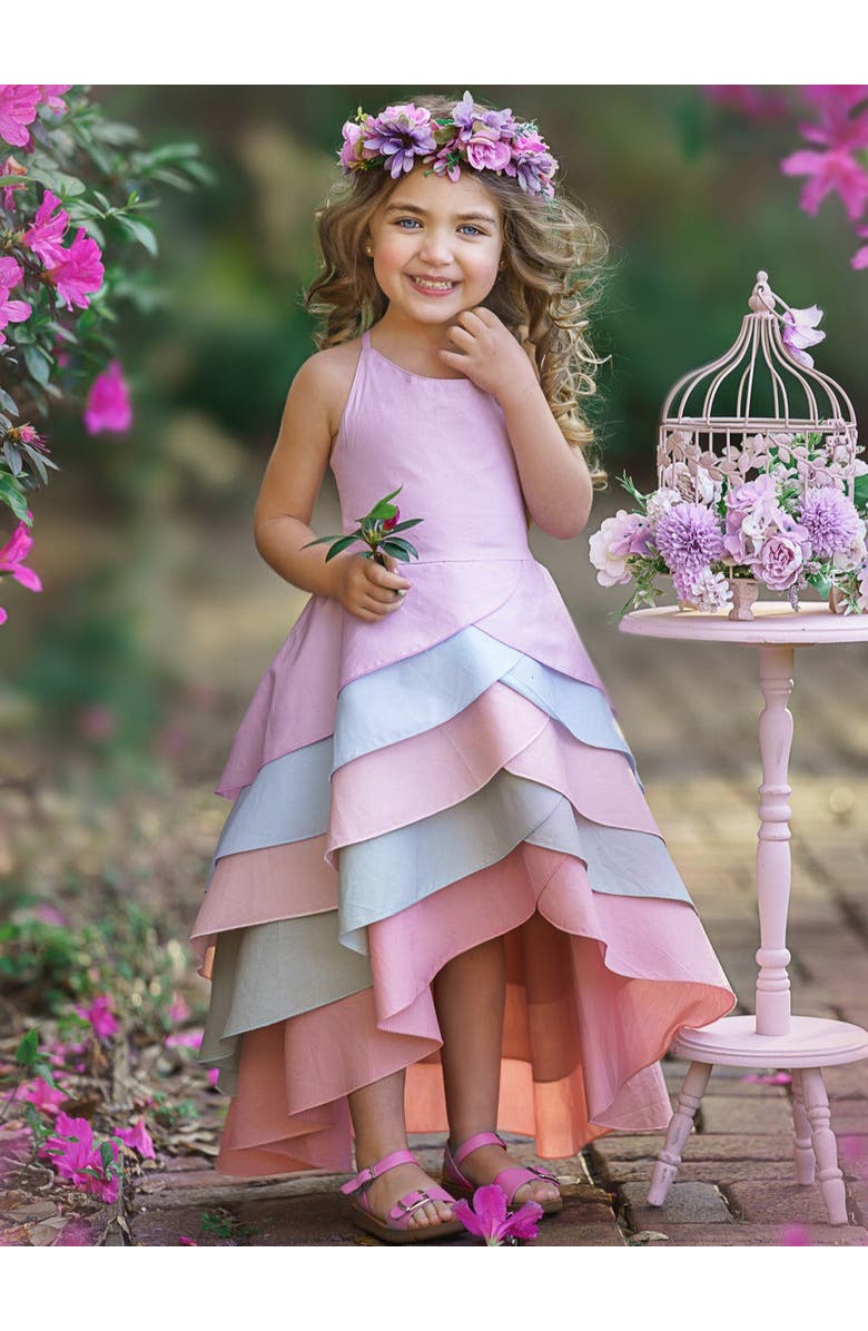 Mia Belle Girls Girls Pretty Petal Pastel Rainbow Tiered Dress, Alternate, color, Pink