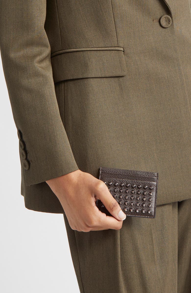 Christian Louboutin Kios Spikes Calfskin Leather Card Case, Alternate, color, Cafe/ Gun Metal