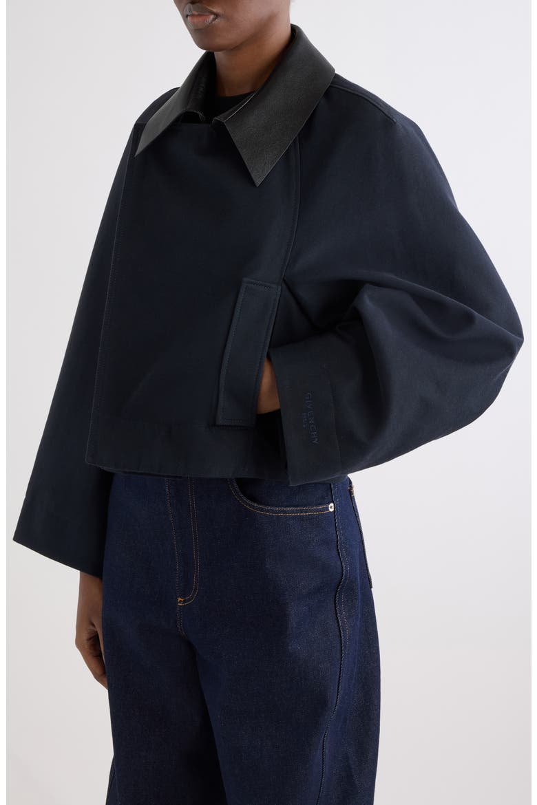 Leather Collar Gabardine Crop Trench Jacket, Alternate, color, DARK NAVY