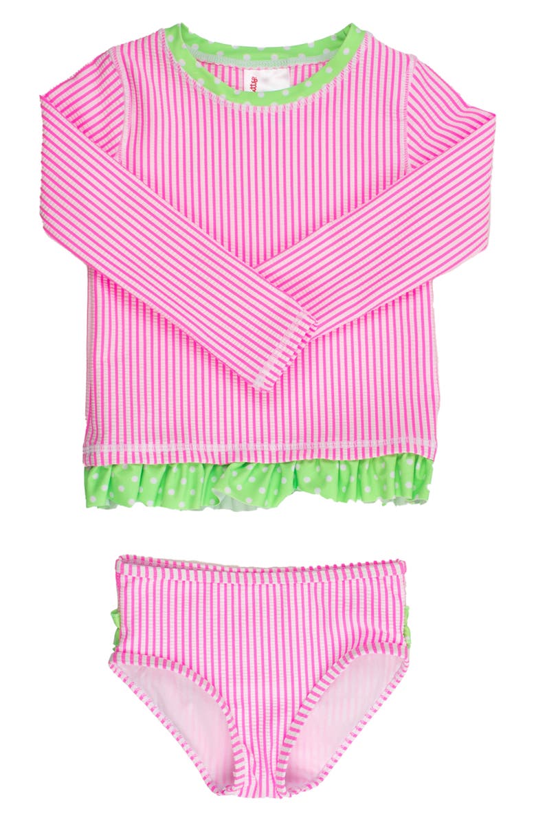 RuffleButts Kids' Long Sleeve Ruffle Hem Two-Piece Rashguard Swimsuit, Main, color, Pink