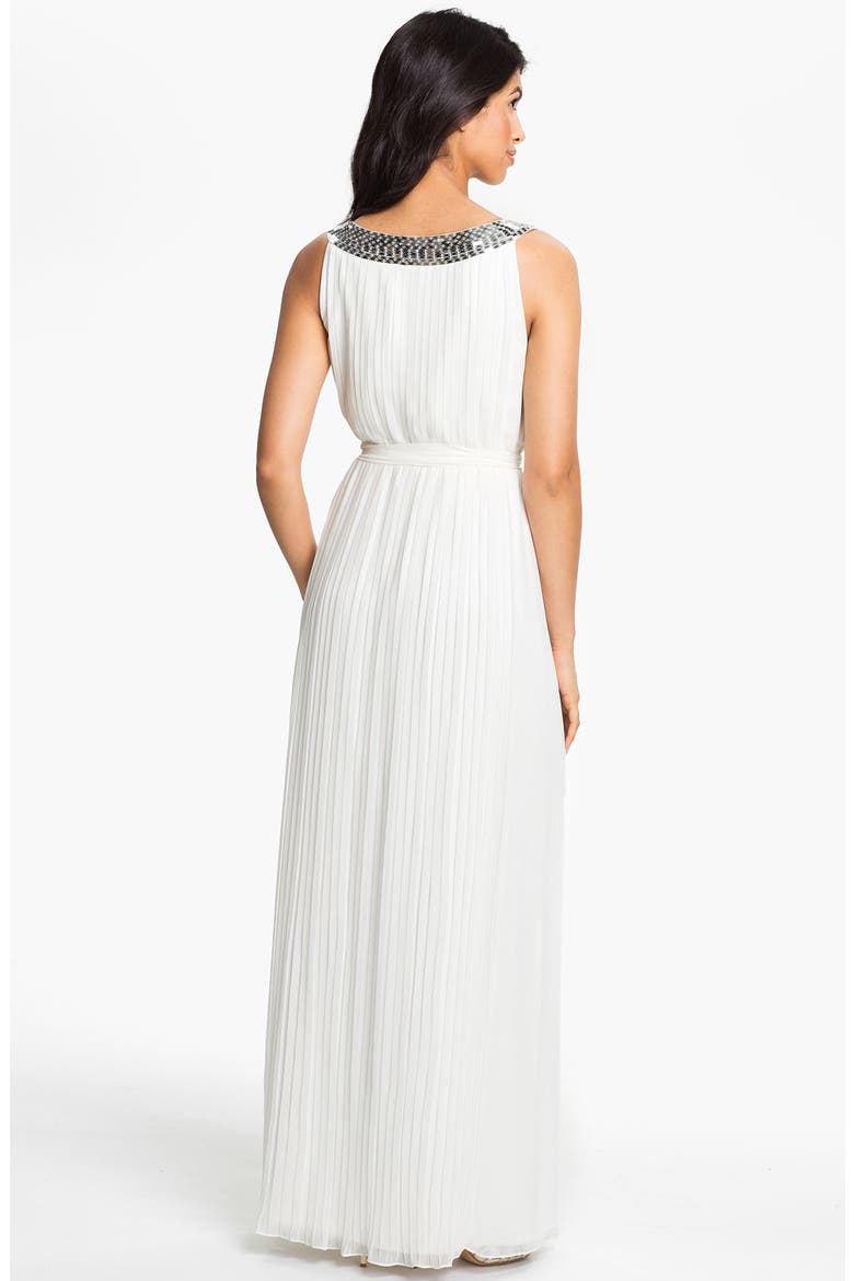 Sequin Neck Pleated Chiffon Gown, Alternate, color, EGGSHELL