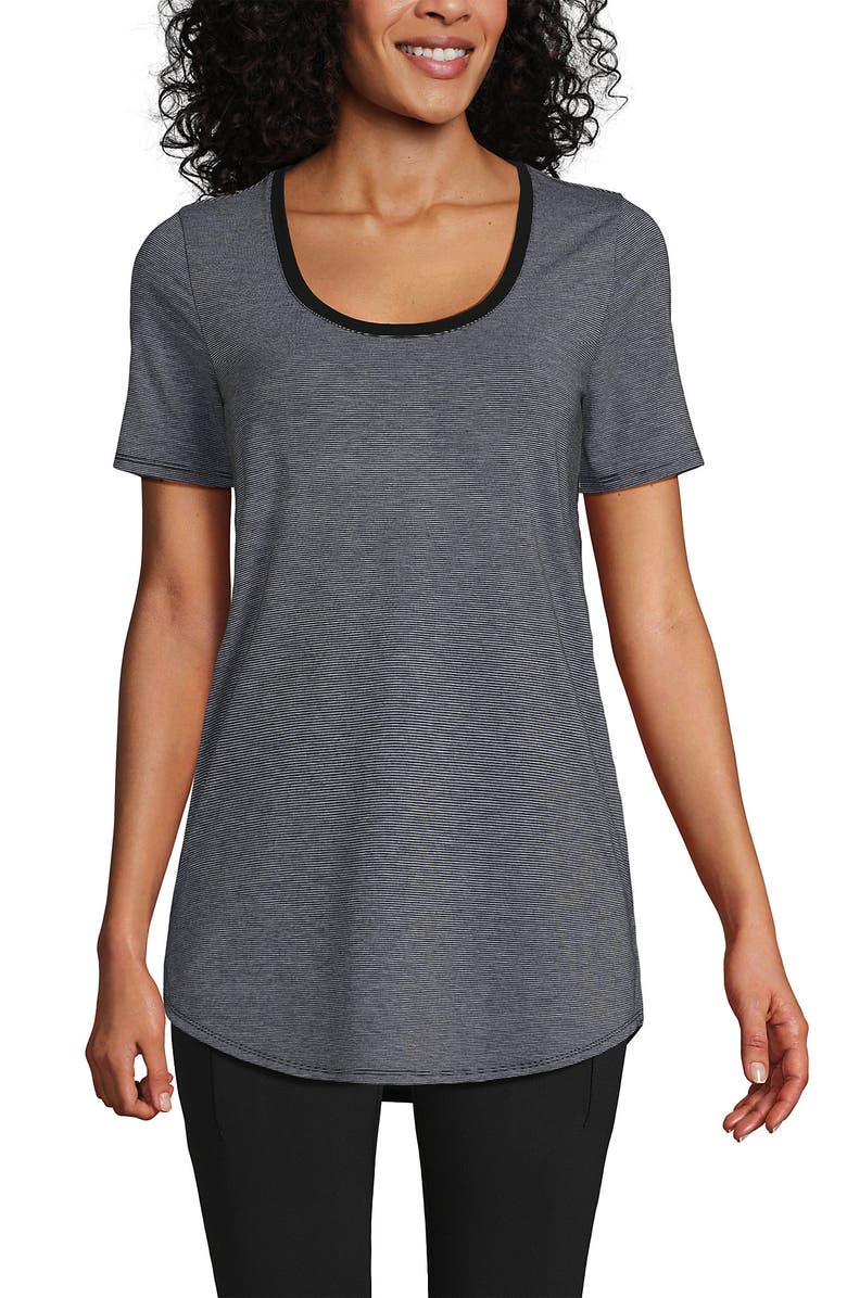 Lands' End Short Sleeve Power Performance Scoop Neck Curved Hem Tunic Tee, Main, color, Black Pinstripe
