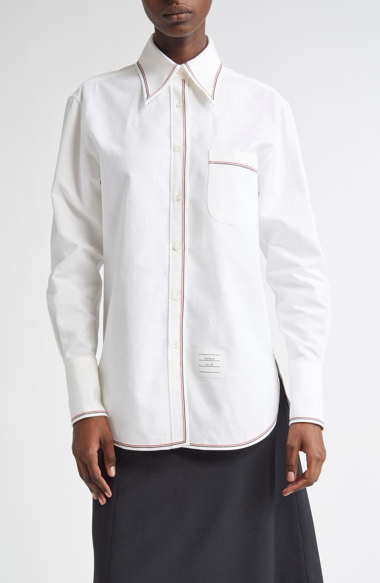 Thom Browne Exaggerated Point Collar Cotton & Linen Button-Up Shirt, Main, color, White