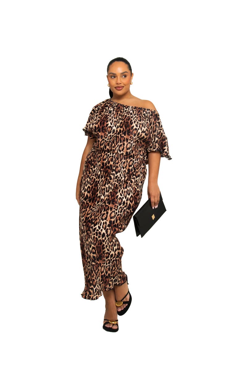 FASHION-SZN CURVE Bold Leopard Plisse Midi Dress, Main, color, Brown