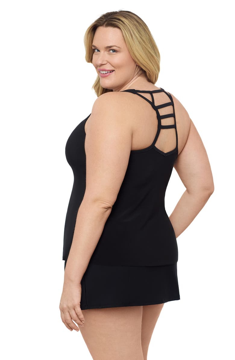 Aqua Green Plus Size V-Neck Full Coverage Ladder Trim Racerback Tankini Swimsuit Top, Alternate, color, Black