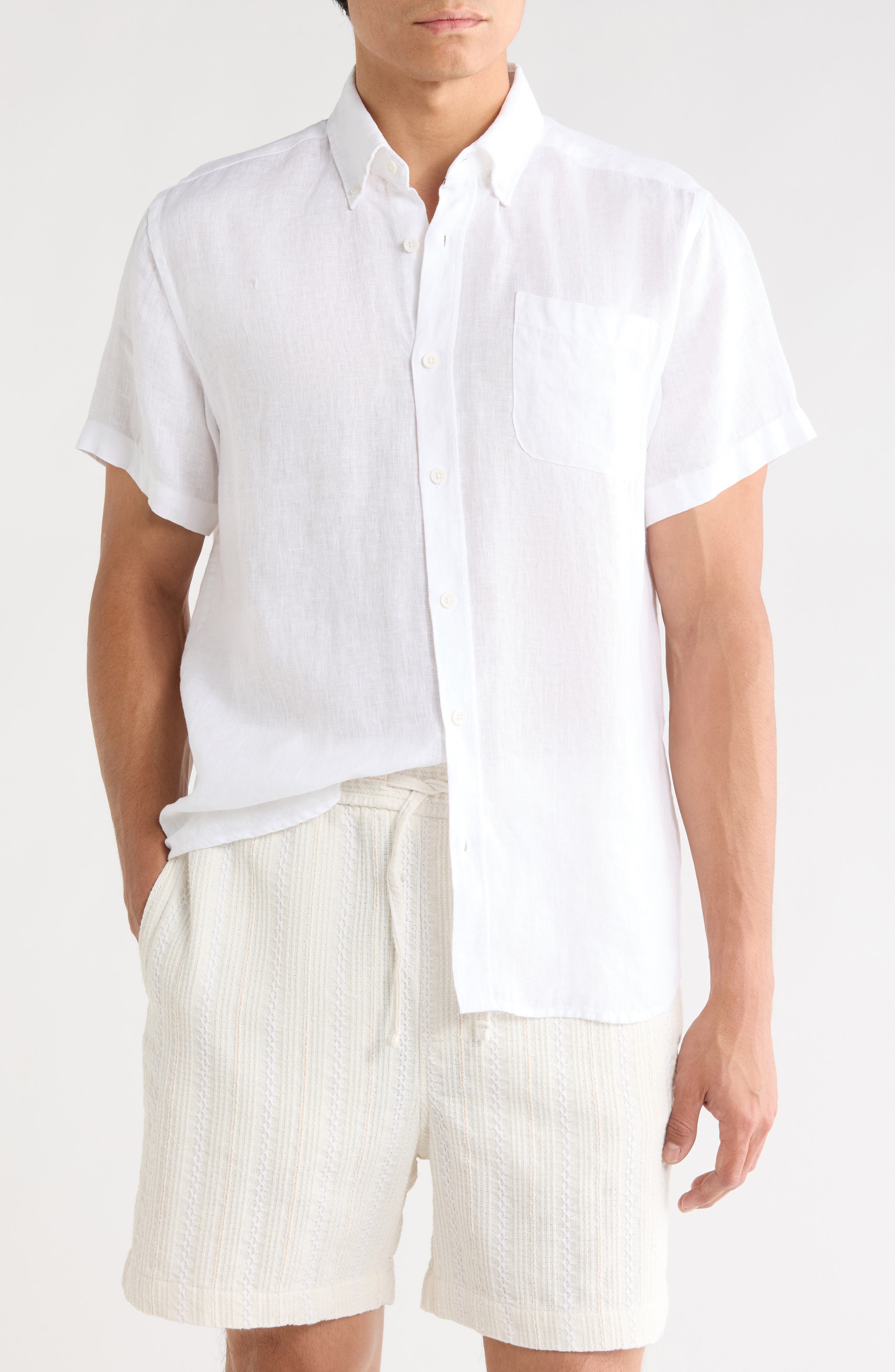 DENIM AND FLOWER Solid Short Sleeve Linen Button-Down Shirt