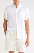 DENIM AND FLOWER Solid Short Sleeve Linen Button-Down Shirt