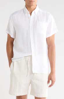 DENIM AND FLOWER Solid Short Sleeve Linen Button-Down Shirt