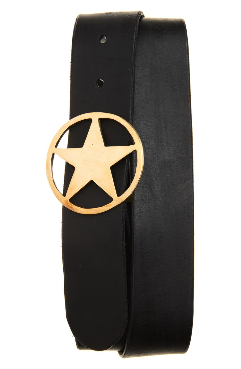 Rodeo Work Wear Brass Star Buckle Leather Belt, Main, color, Black / Yellow Brass