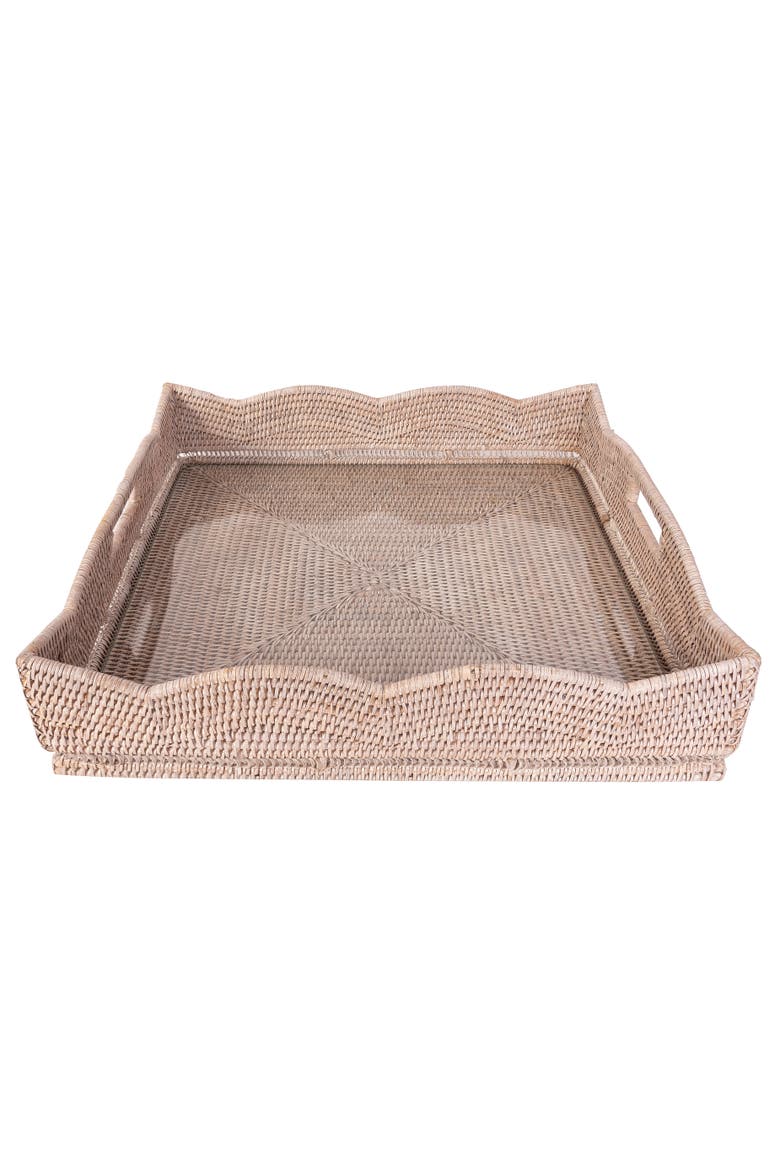 Scalloped Rattan Square Tray with Glass Insert, Main, color, White Wash