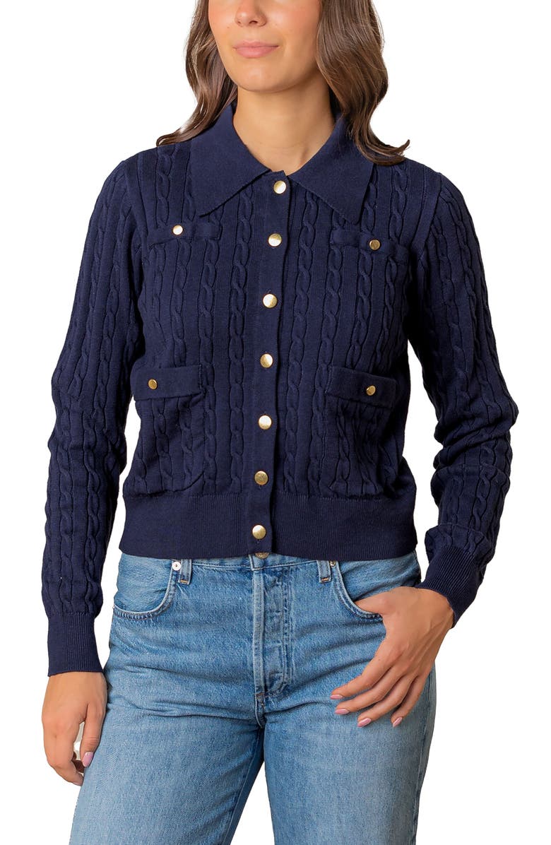 Hope & Henry Organic Cable Knit Collared Cardigan Sweater, Main, color, Navy Cable