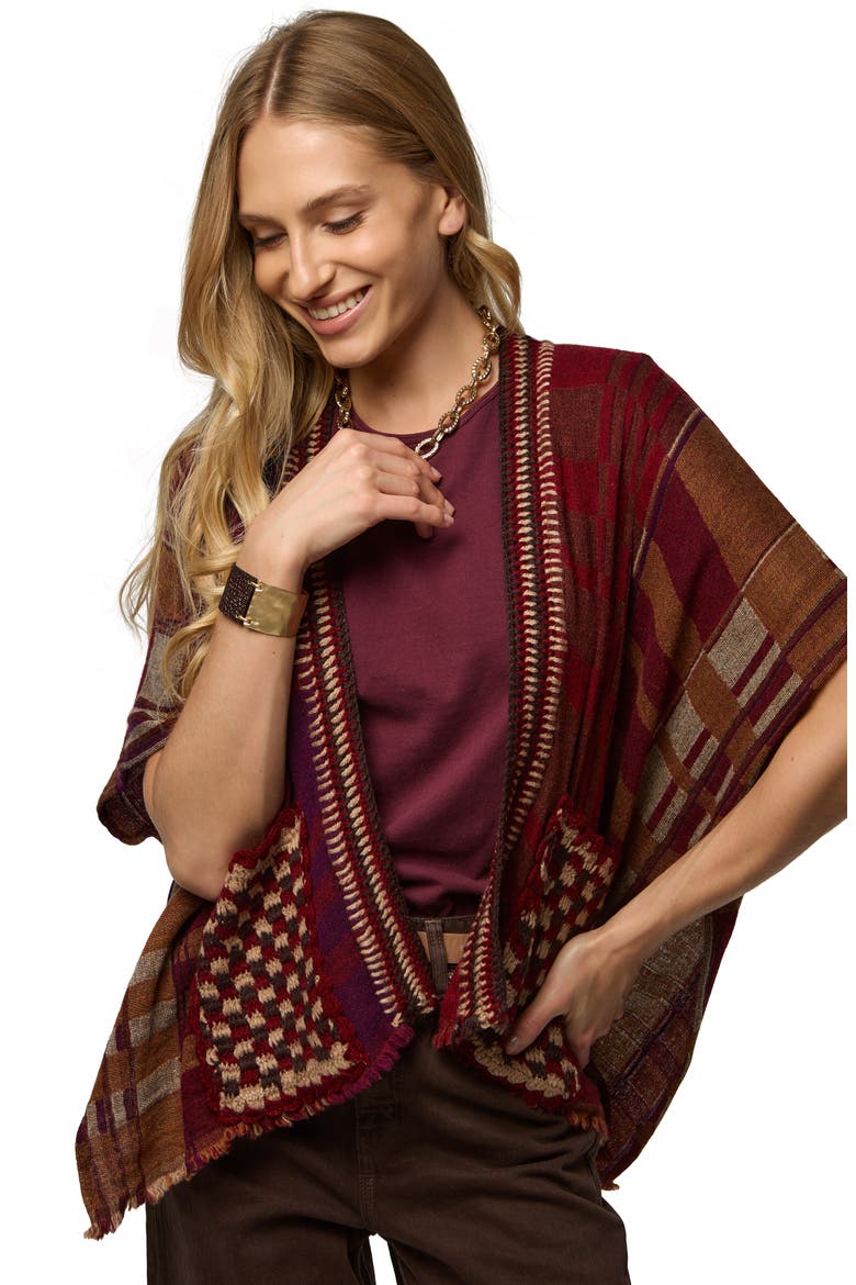 Plaid Topper, Alternate, color, BEIGE/BURGUNDY