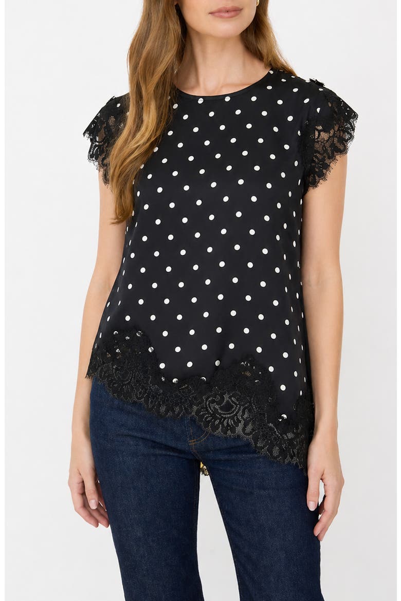 Polka Dot Lace Trim Top, Main, color, BLACK