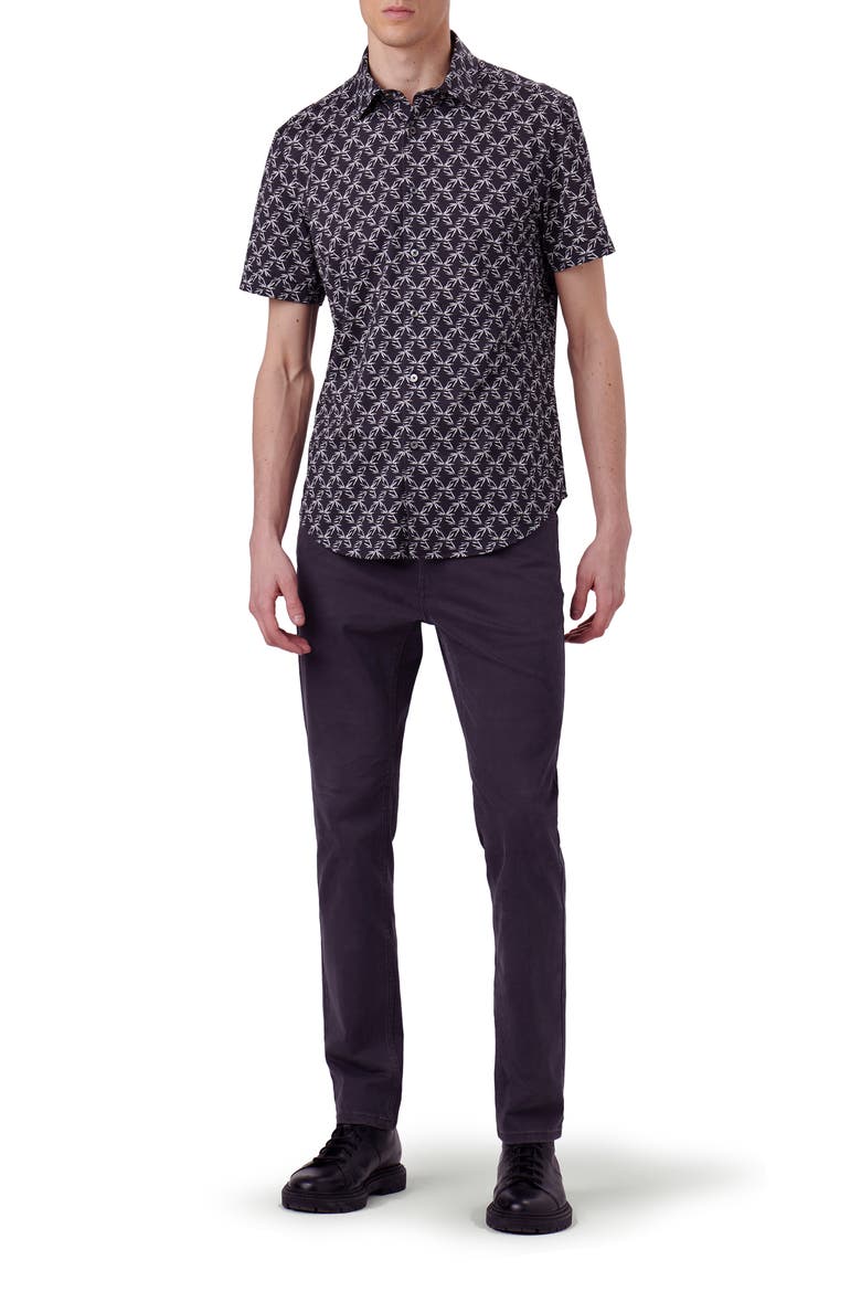 OoohCotton® Miles Leaf Print Short Sleeve Button-Up Shirt, Alternate, color, BLACK