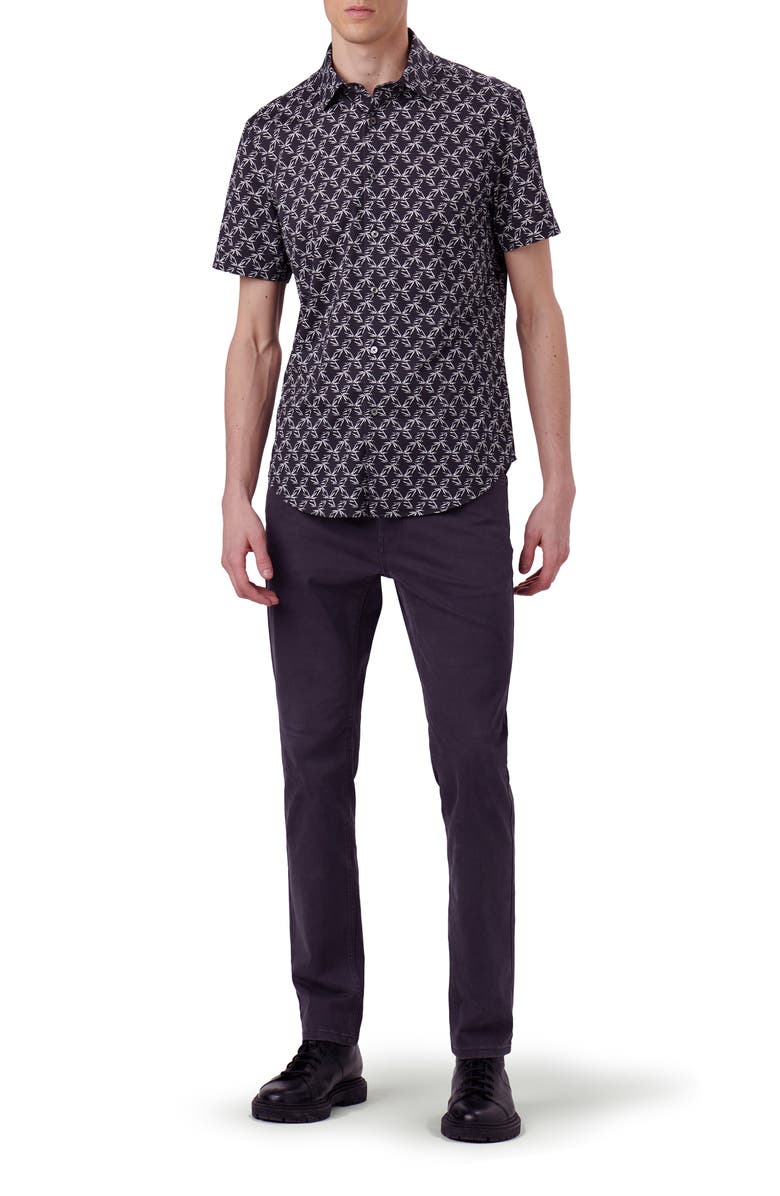 Bugatchi OoohCotton<sup>®</sup> Miles Leaf Print Short Sleeve Button-Up Shirt, Alternate, color, Black