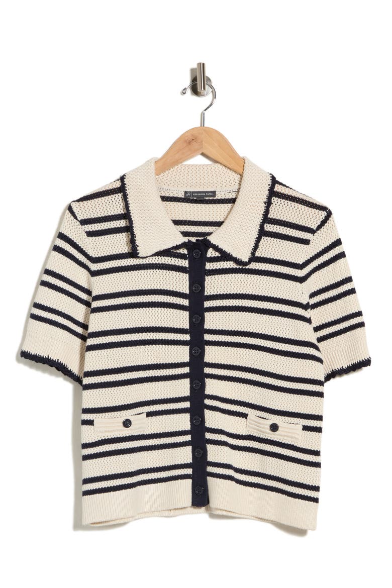 Stripe Short Sleeve Cardigan, Main, color, CREAM/ NAVY