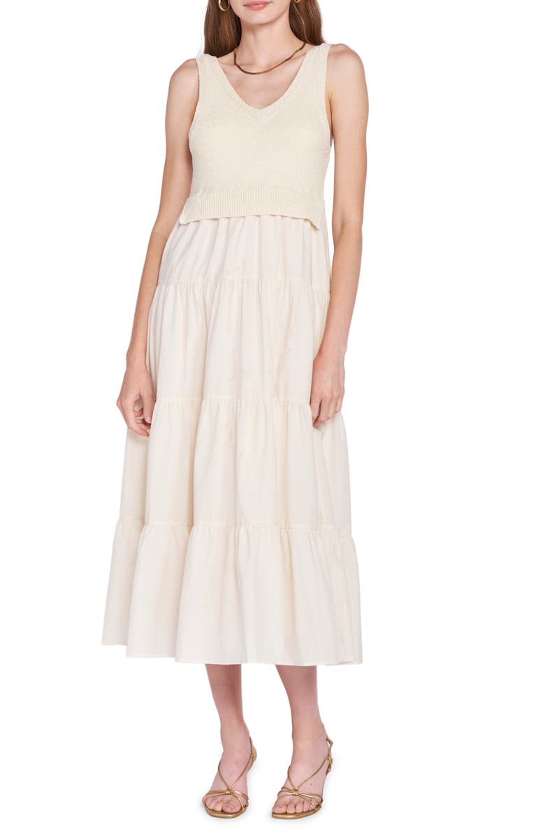 En Saison Mixed Media Tiered Midi Dress, Main, color, Natural