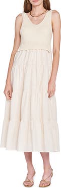 En Saison Mixed Media Tiered Midi Dress