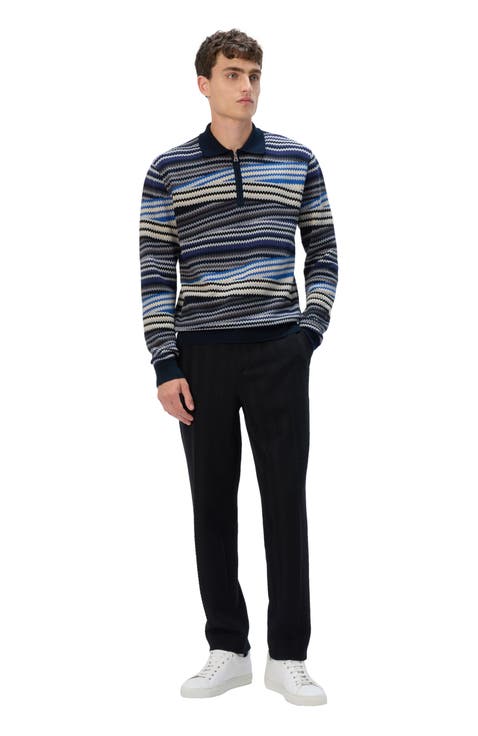 Long Sleeve Polo With Zip And Striped Zigzag Pattern