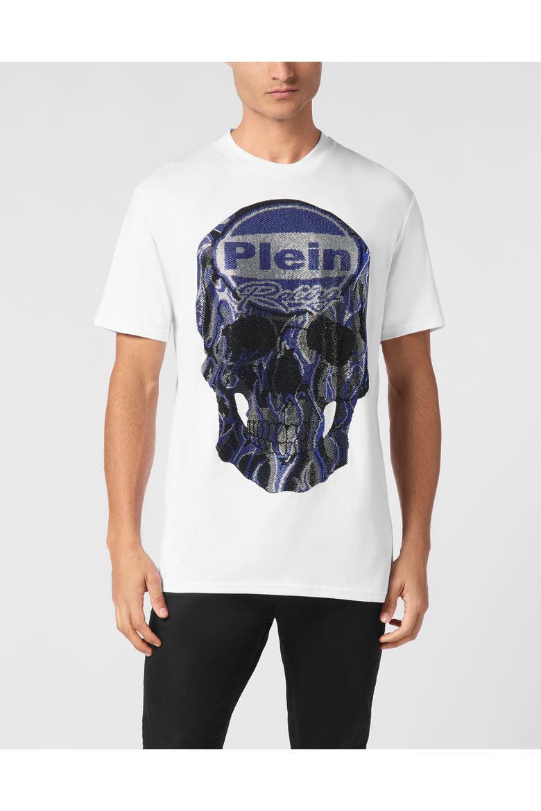 Jersey T-Shirt Round Neck Ss Strass Skull Men, Main, color, white
