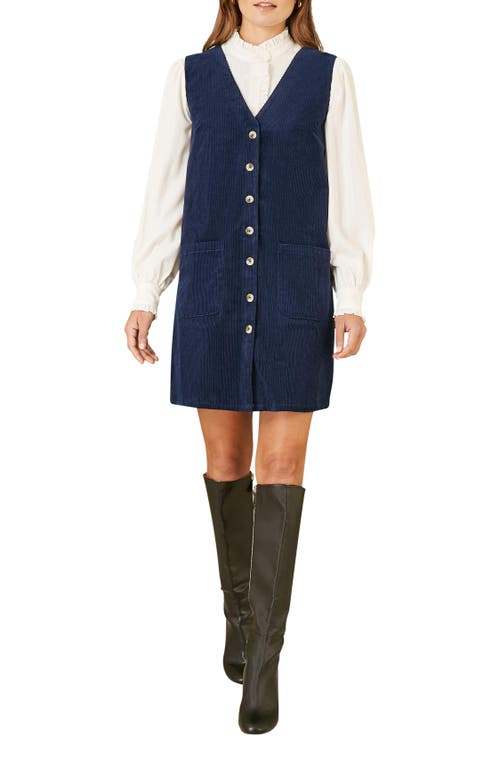 Yumi Cord Button Through Pinafore Dress In Blue