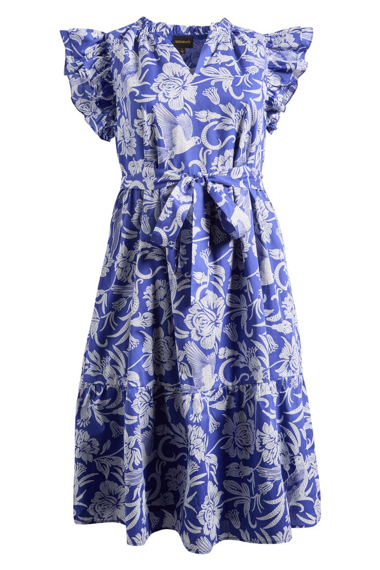 Sita Viry Floral Ruffle Sleeve Tiered Midi Dress, Alternate, color, NAVY WHITE
