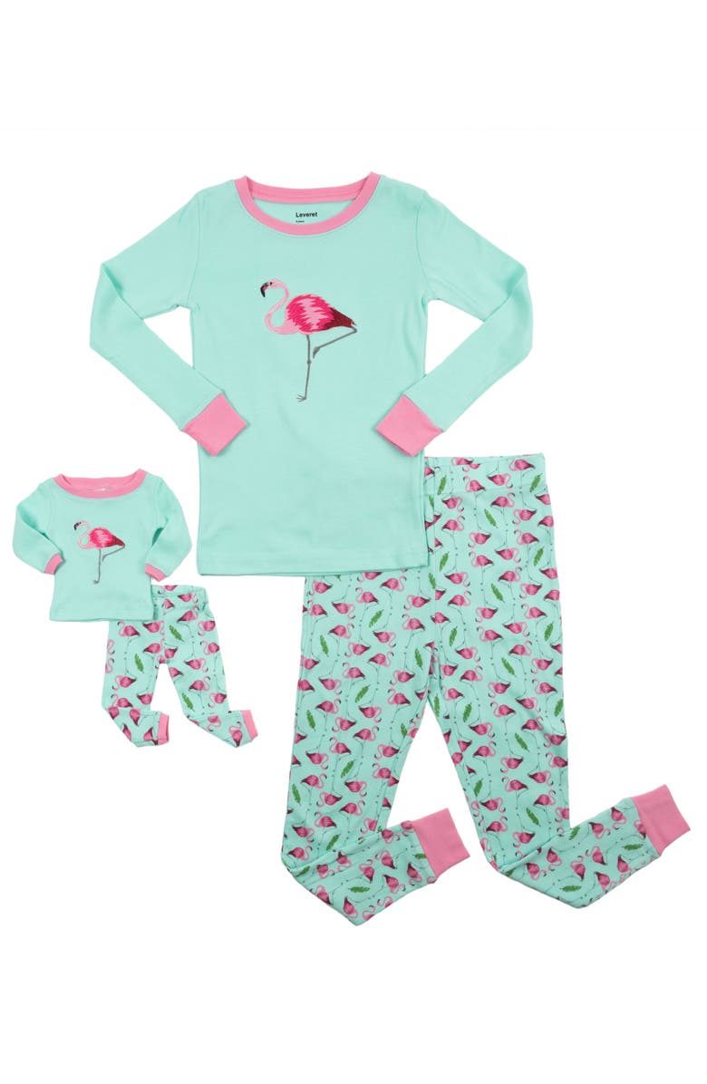 Leveret Girls 2-pc. Cotton Pajamas with Matching Doll Accessory - Animal Prints, Alternate, color, Flamingo Blue