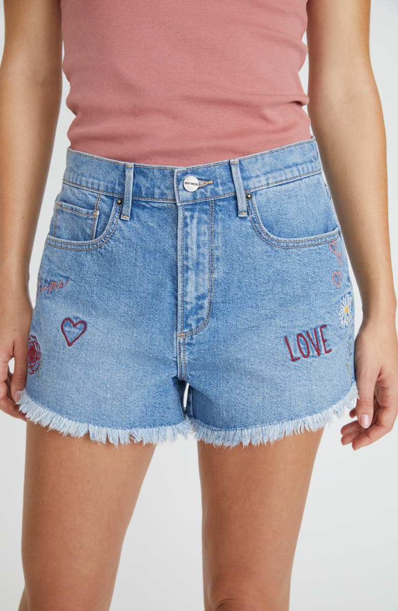 Driftwood Goldie x Love Notes Embroidered Cutoff Denim Shorts, Alternate, color,